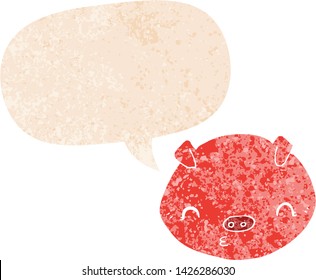 Cartoon-Schwein mit Sprachblase in brüchiger Retro-strukturierter Form