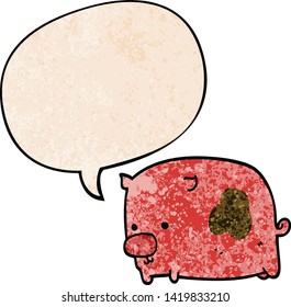 cartoon pig with speech bubble in retro texture style