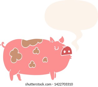 cartoon pig with speech bubble in retro style