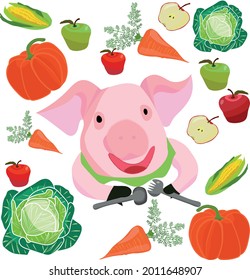 cartoon pig with spoon and fork among vegetables and apples