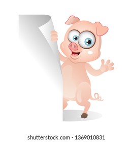Cartoon Pig standing behind Blank Sign