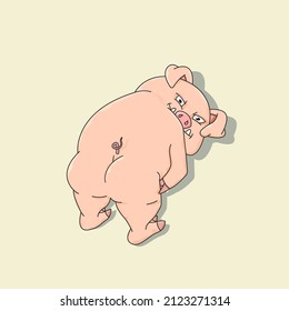 A Cartoon Pig Stands With Its Back To Us And Shows Its Ass. Her Gaze Is Directed Towards Us. She Casts A Shadow. Vector Illustration. Isolated Background.