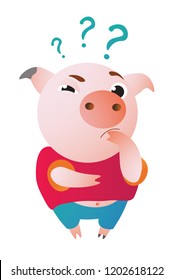 Cartoon pig stands and looks at us questioningly.  Vector illustration. Symbol of the new year 2019 Isolated on transparent background. Excellent for the design of postcards, posters, stickers etc.  