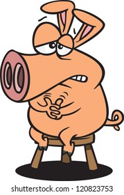 cartoon pig stayed home sitting on a stool twiddling his thumbs
