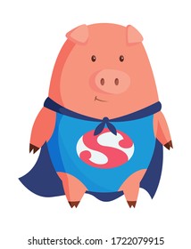 Caricatura de cerdo con ropa de superhombre. Ilustración para