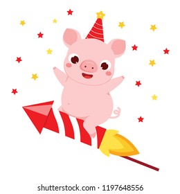 Cartoon pig, symbol of chinese 2019 new year flying on firework rocket. vector illustration for calendars, invitations and greetings cards