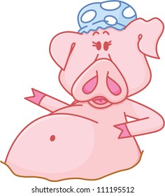 Cartoon pig is taking a bath