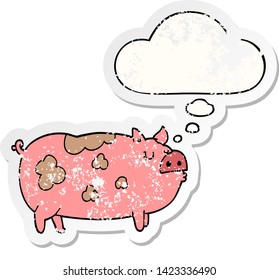 cerdo de dibujos animados con burbuja de pensamiento como pegatina gastada angustiada