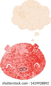 cerda de dibujos animados con burbuja de pensamiento en un estilo retro angustiado con textura gruesa