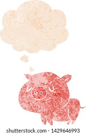 cartoon pig with thought bubble in grunge distressed retro textured style