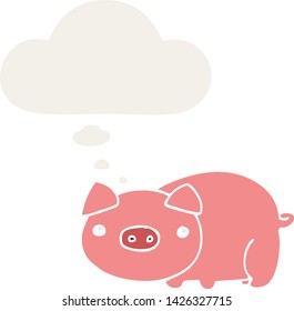 cartoon pig with thought bubble in retro style