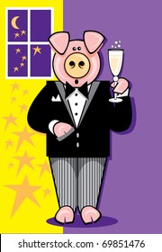 Cartoon pig in tuxedo celebrating with glass of champagne / Celebrating Pig