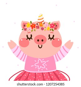 Cartoon pig in a unicorn costume, cartoon character, vector.