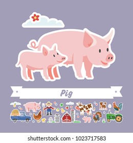 Cartoon pig vector flat illustration. Character isolated swine and piglet. Farming collection rural stickers. Happy piggy.