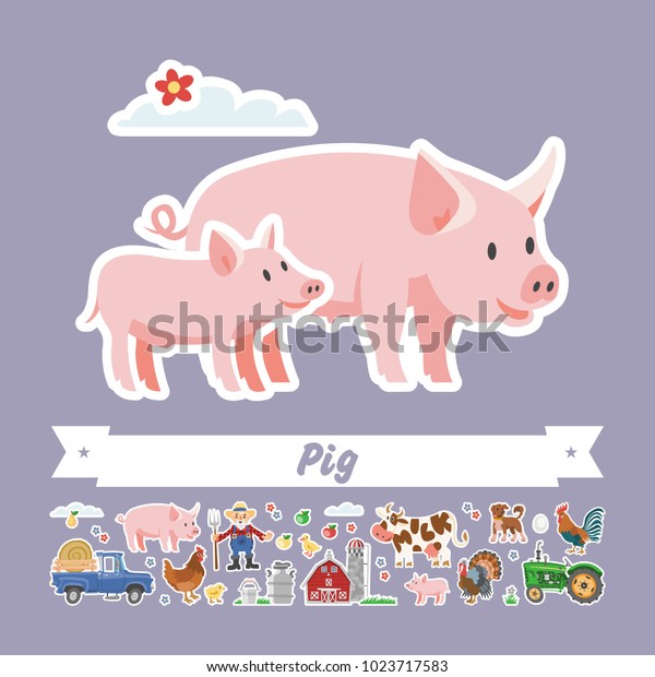 Cartoon\
pig vector flat illustration. Character isolated swine and piglet.\
Farming collection rural stickers. Happy\
piggy.