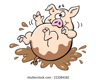 Cartoon Pig Wallowing in Mud