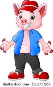 Cartoon pig wearing a blue clothes and red hat