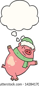 cartoon pig wearing christmas hat with thought bubble