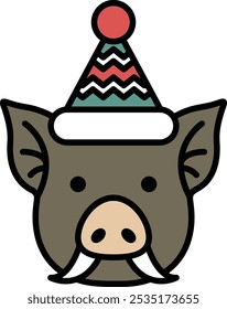 A cartoon pig is wearing a festive hat with a red and blue ribbon. The hat is decorated with a red and blue ribbon, giving it a party-like appearance. The pig's face is drawn in a stylized way