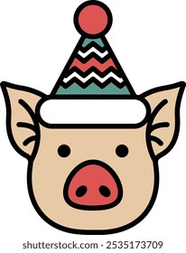 A cartoon pig is wearing a festive hat and a colorful striped cap. The hat is adorned with a red and green ribbon, and the cap has a similar design. The pig's face is drawn with a smile