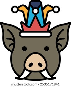 Un cerdo de dibujos animados con un sombrero y una corona. El cerdo lleva un sombrero y una corona, y parece que está en un sentimiento alegre