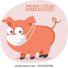 
Cartoon Pig Wearing Mask Infected with H1N1 Flu. Sick animal spreading diseases tu human patients 
