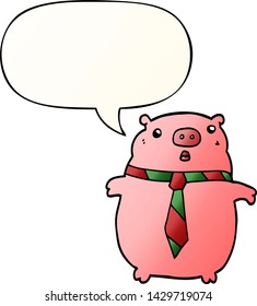 cartoon pig wearing office tie with speech bubble in smooth gradient style