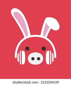 Cartoon Pig wearing a Rabbit's headset, , enjoy the music, vector