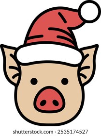 A cartoon pig is wearing a red hat and a red Santa hat. The hat is red and white, and it covers the pig's head and ears. The hat is decorated with a red bow, which adds a festive touch to the image