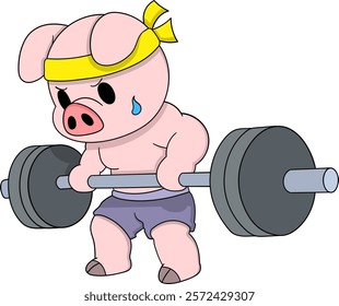 A cartoon pig wearing a yellow headband and shorts, lifting a heavy barbell with a determined expression and a sweat drop for added effect