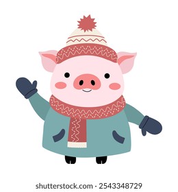 Cartoon pig in winter clothes. Illustration with hand drawn doodle boar. Thickly clothed pet. 