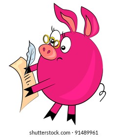 cartoon pig writing letter.animal vector character isolated on white background