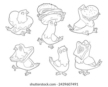 Cartoon pigeon birds with bread, sandwich and donut. Set of pigeon characters. Black and white funny vector illustration. Isolated white background. Contour hand drawn vector illustration of pigeons