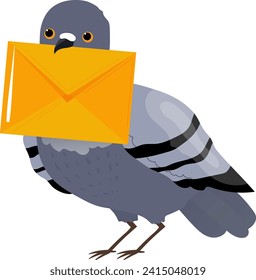 Cartoon pigeon carrying an orange envelope. Illustration of a gray bird delivering mail. Communication and postal service vector illustration.