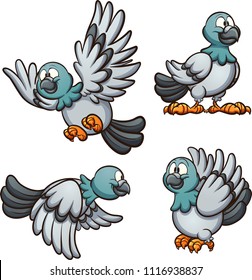 Cartoon pigeon in different positions. Vector clip art illustration with simple gradients. Each on a separate layer. 
