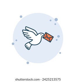 Cartoon pigeon with envelope vector illustration. Letter on bubbles background. Postal bird sign concept.