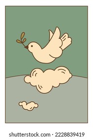 Cartoon pigeon flying over cloud carrying leaf branch. Peace and idyllic, white dove symbol of harmony and bliss. Wild nature and symbolism, heavens with bird with plumage. Vector in flat style