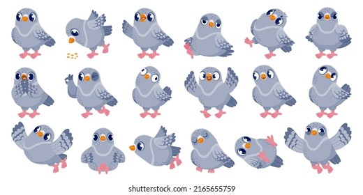 Cartoon pigeon. Funny bird character with various emotions in different poses, comic mascot clip art. Vector dove animal in flight isolated set. Adorable happy, shocked and happy pigeons