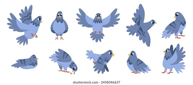 Cartoon pigeon. Isolated birds, emotional pigeons flying eating and sleeping. Dove in different poses. Urban street bird, classy vector set