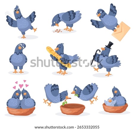 Cartoon pigeons characters. Pigeon cute mascot, funny city bird build nest flying dove character face emotion and poses, wild doves birds animal beak, set neat vector illustration
