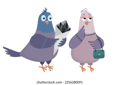 Cartoon pigeons isolated on white background. Funny birds illustration. Couple of lovers