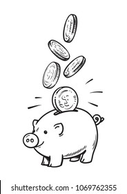 Cartoon piggy bank with falling shining coins. Black and white sketch. Hand drawn vector illustration isolated on white background.
