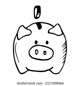 Cartoon piggy bank with falling shining coins. Black and white sketch. Hand drawn vector illustration isolated on white background. Business concept