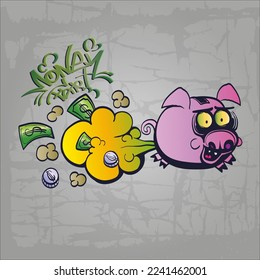 Cartoon piggy bank farting money with the inscription money fart. Isolated on concrete wall background. Trendy vector illustration. Lost budget. Crisis.