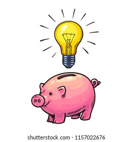 Cartoon piggy bank and glowing light bulb symbol of Inspiration. Invest in creativity and innovation. Saving creative ideas concept. Hand drawn vector illustration isolated on white background.