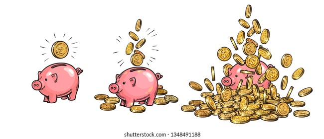 Cartoon piggy bank and gold coins set. Piggy with one coin, with falling cash, heaped over money. Growing wealth and business success concept. Hand drawn sketch style isolated vector illustration .