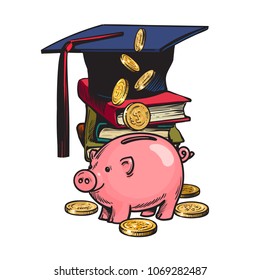 Cartoon piggy bank with graduation hat, money, stack of books. Saving plan for education, student loan, financial aid concept. Hand drawn sketch style vector illustration isolated on white background