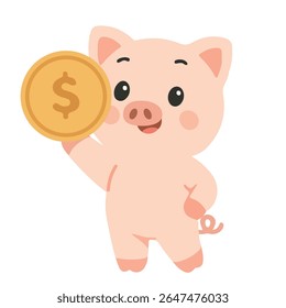 Cartoon Piggy Bank Segurando um apartamento de moeda de ouro