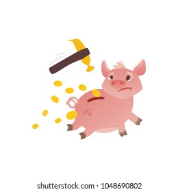 Cartoon piggy bank icon. Sad pig money box running away from golden claw hummer. Business finance, banking rich and weath concept. Vector isolated background illustration