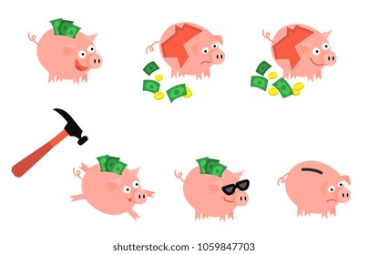 Cartoon piggy bank icon set. Cheerful pig money box full of savings with happy facial expression, hammer. Business finance, banking rich and wealth concept. Vector isolated background illustration